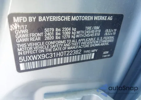 2017 BMW X3 xDrive28I z USA, uszkodzony, nr VIN 5UXWX9C31H0T22382